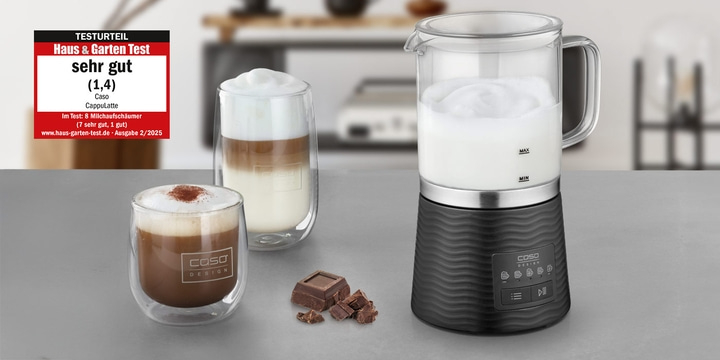 Milk frother with cappuccino and chocolate, very good rating.