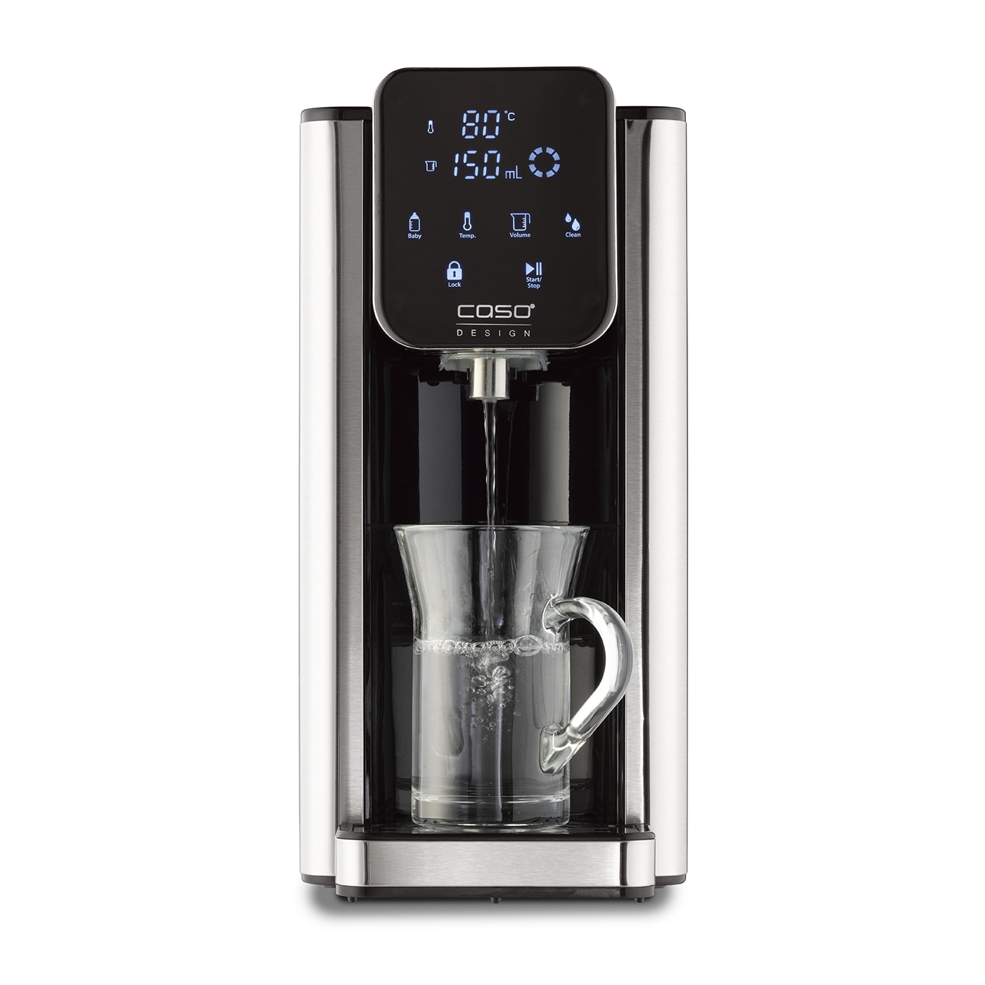 A water dispenser with a digital display, dispensing water into a glass.