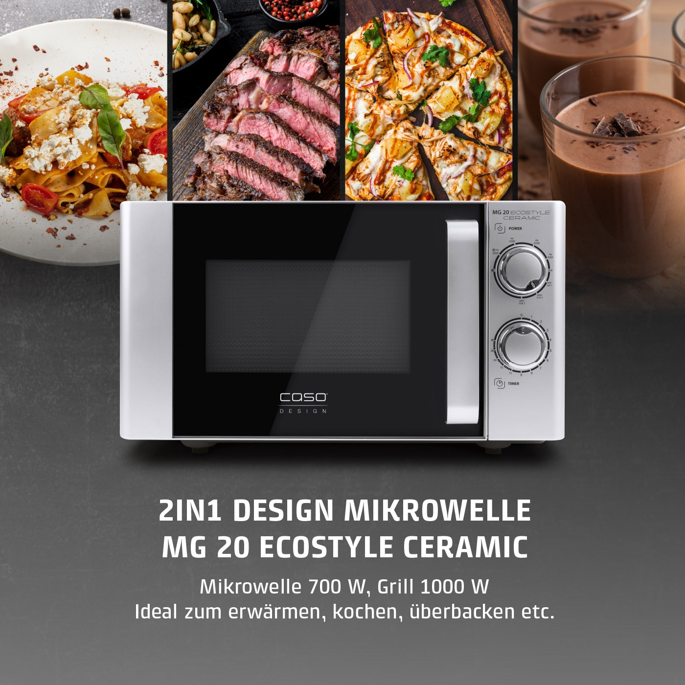Mikrowelle mit Essen, 2in1 Design, MG 20 ECOSTYLE CERAMIC, 700W, Grill 1000W