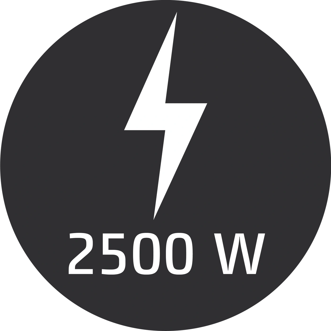 Circle with lightning bolt symbol and the inscription 2500 W, for electrical power.