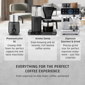 Three Caso coffee machines for perfect coffee enjoyment: a milk frother, a filter coffee machine, and an espresso machine.