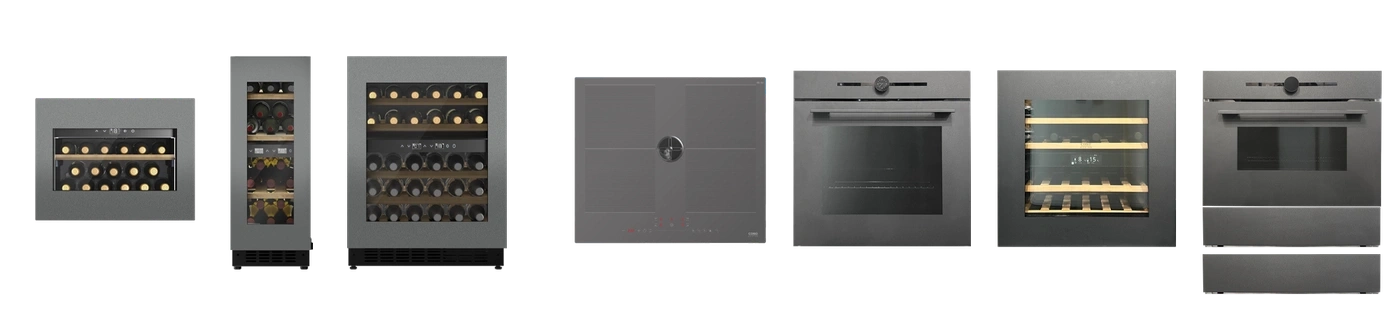 Built-in wine coolers, induction hob, and ovens in anthracite finish.