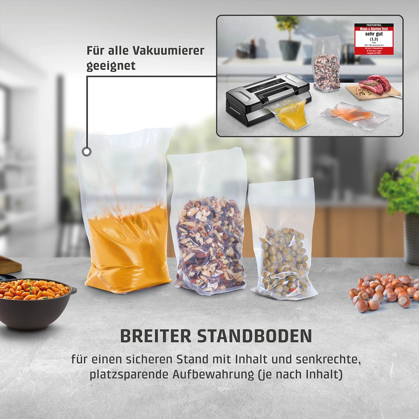 Vakuumbeutel mit Inhalt, Text: Für alle Vakuumierer geeignet, BREITER STANDBODEN