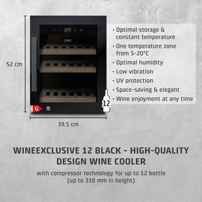 Wine cooler for 12 bottles, 52 cm high, 39.5 cm wide, black, elegant, wine