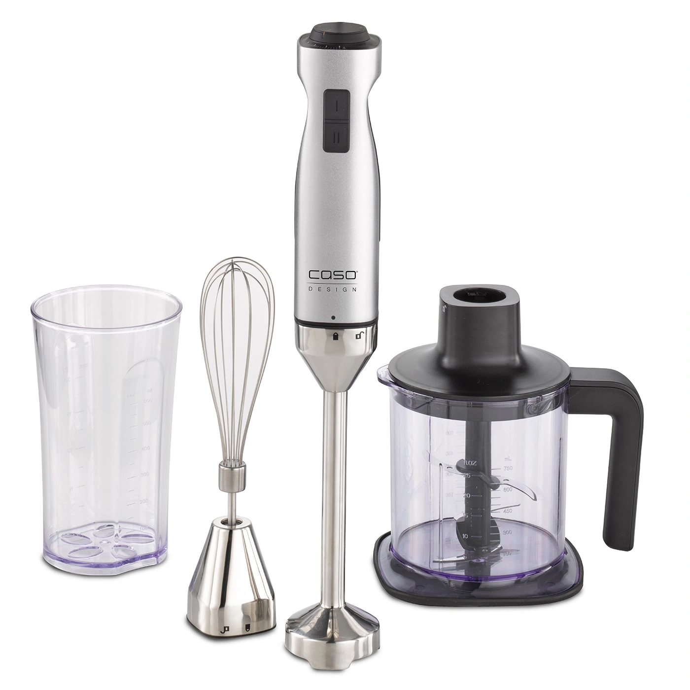 Stabmixer-Set mit Becher, Schneebesen und Zerkleinerer, silberfarbenes Design.