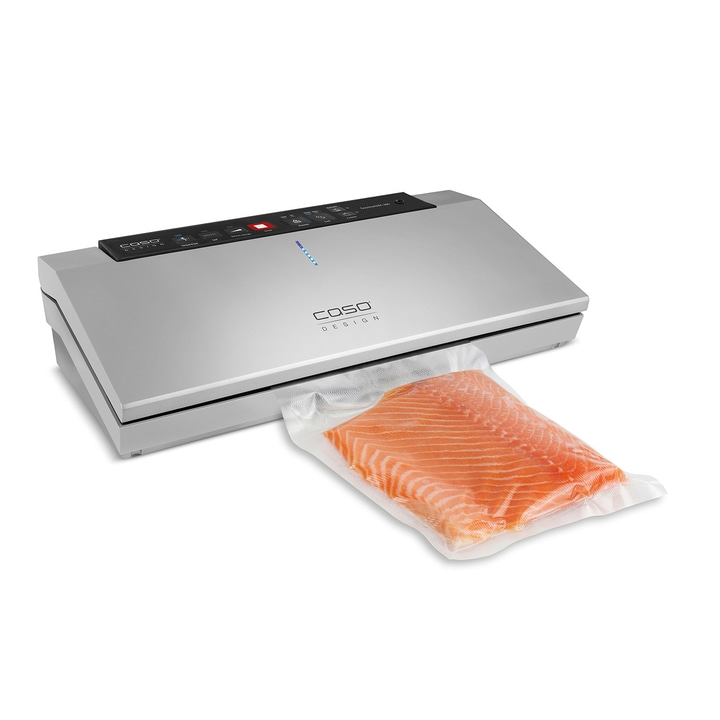 Vacuum sealer with salmon in vacuum packaging, silver design, Caso Design