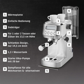 Espressomaschine mit Funktionen: Wärmeplatte, einfache Bedienung, Siebträger, Wassertank.