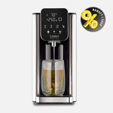 A water dispenser with a glass of tea and a discount symbol.