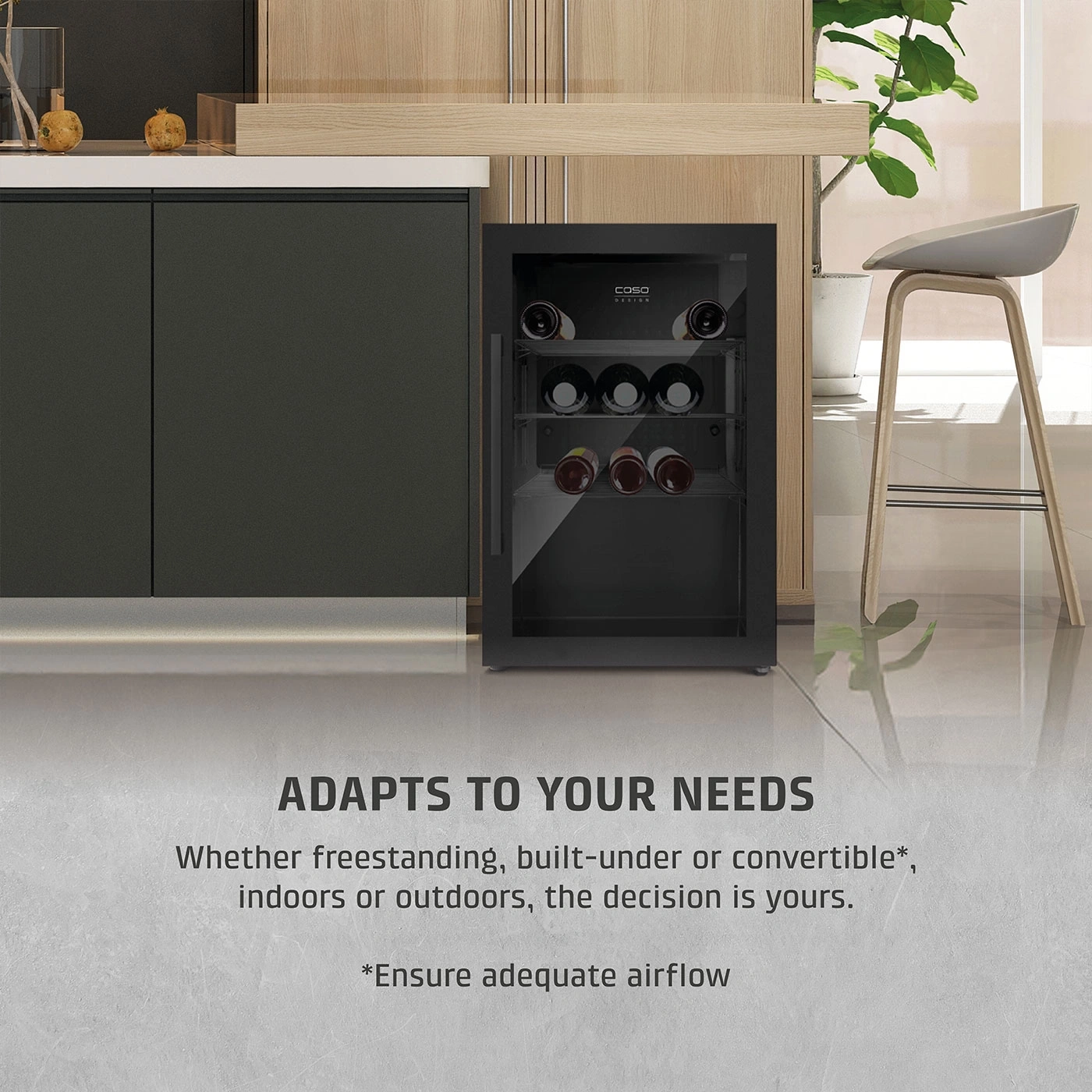 Wine cooler, flexible, indoor or outdoor, freestanding, built-in, Caso Design, adapts to your needs