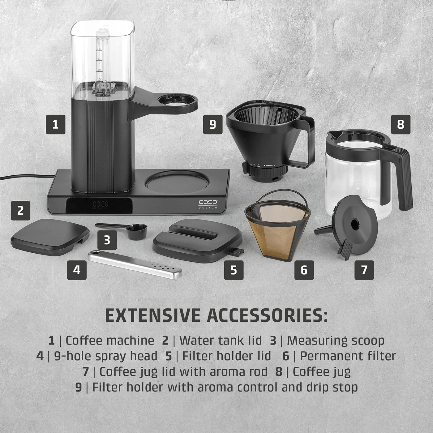 Coffee maker with accessories on a gray background, numbered