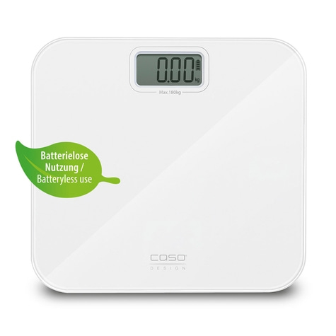 White digital scale with green label indicating battery-free use, displaying 0.00 kg.