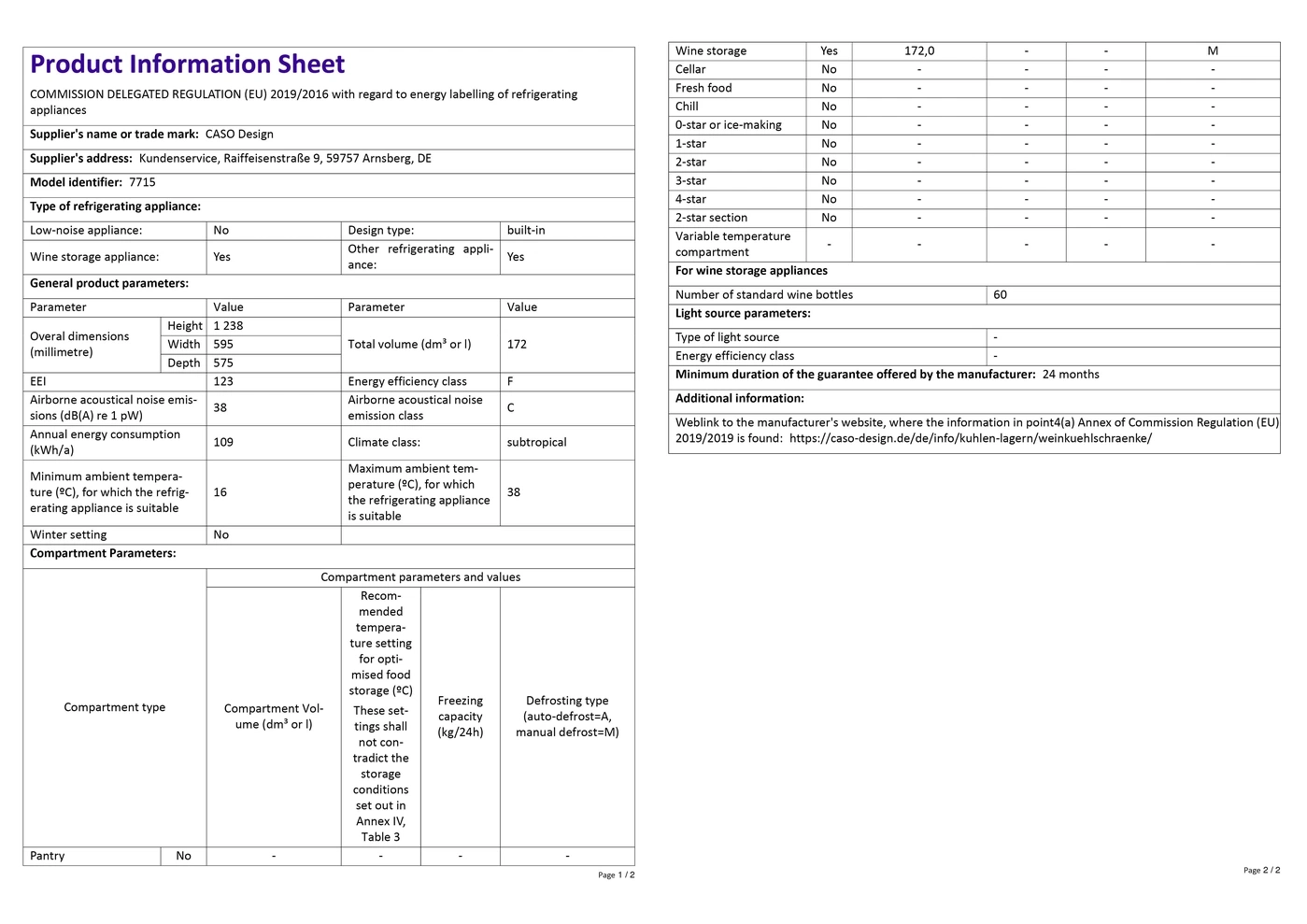 Product data sheet with technical specifications for refrigerators, energy efficiency, and other information.