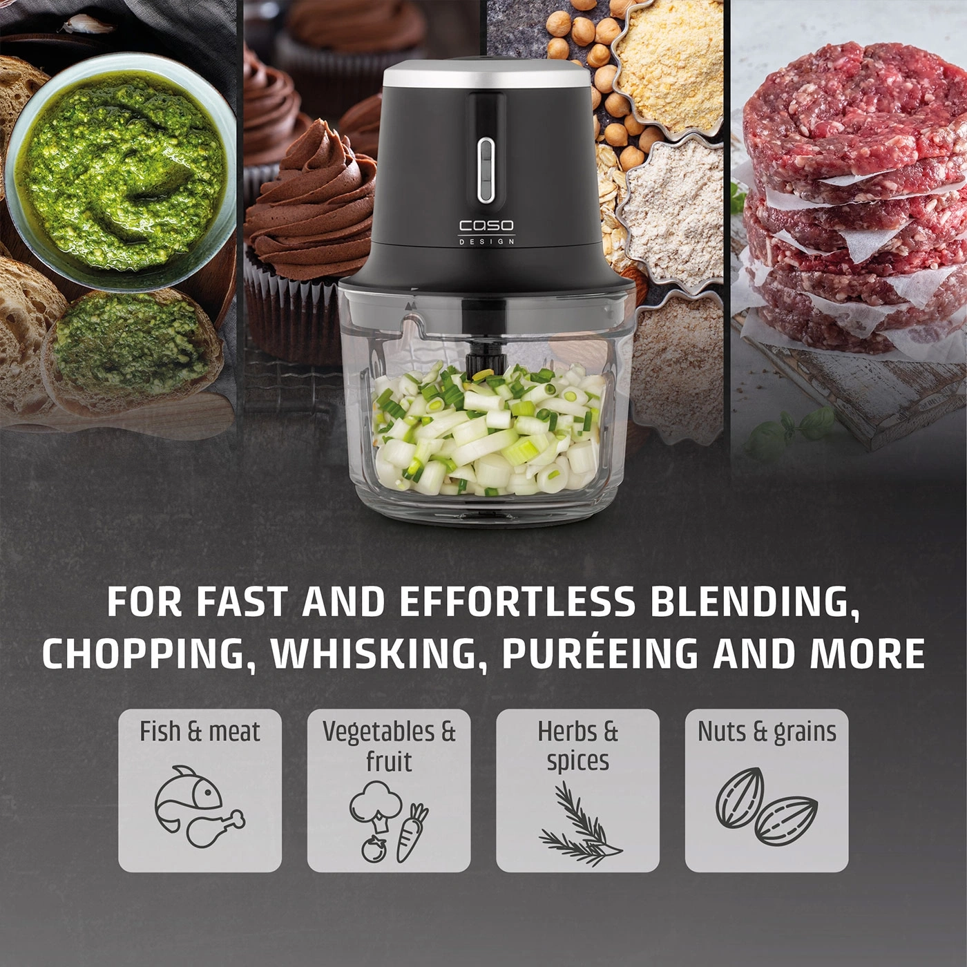 A kitchen appliance chops onions, next to it are fish, vegetables, herbs, and nuts.