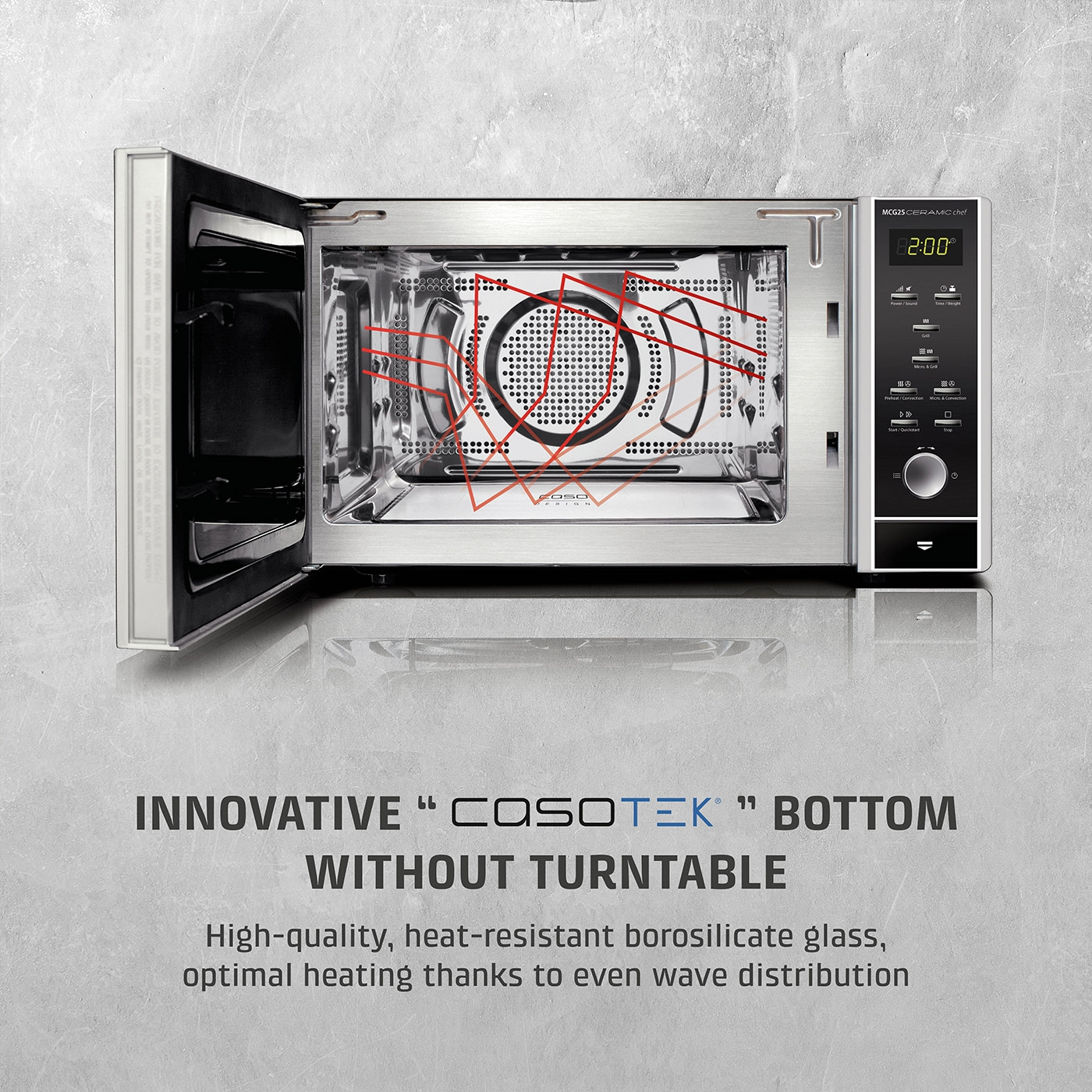 Microwave with borosilicate glass and microwave reflector for even heating. Innovative design by Cosotek.