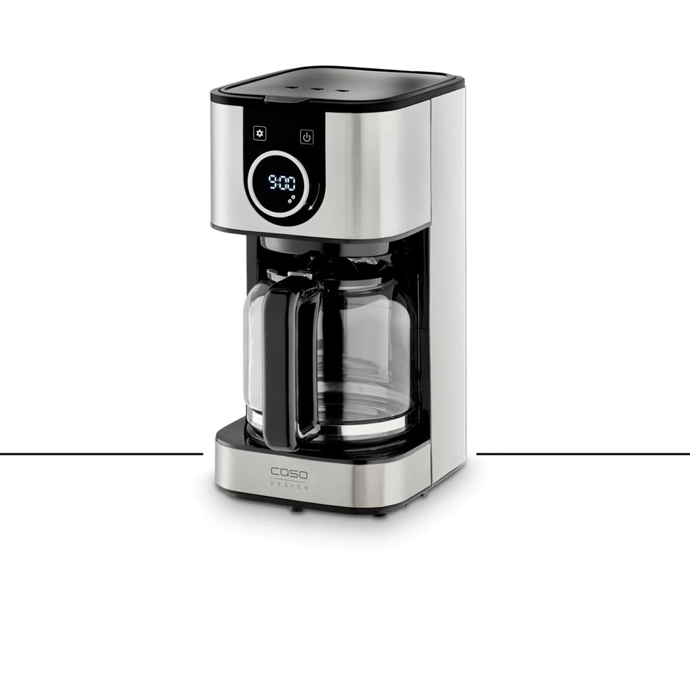 Kaffeemaschine mit digitaler Anzeige und Glaskanne, Edelstahl-Design, Caso Design.