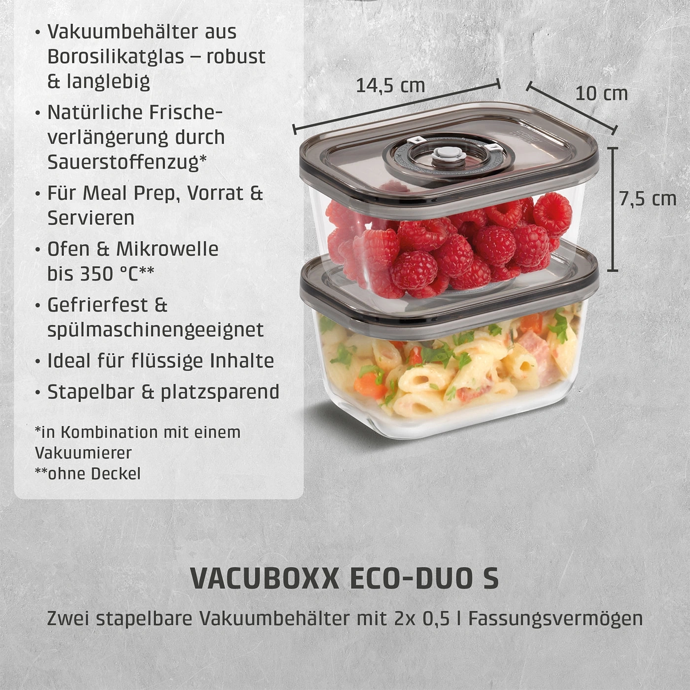 VacuBoxx Eco-Duo S 2 Vakuum-Frischebehälter aus Borosilikatglas mit SAN-Deckel