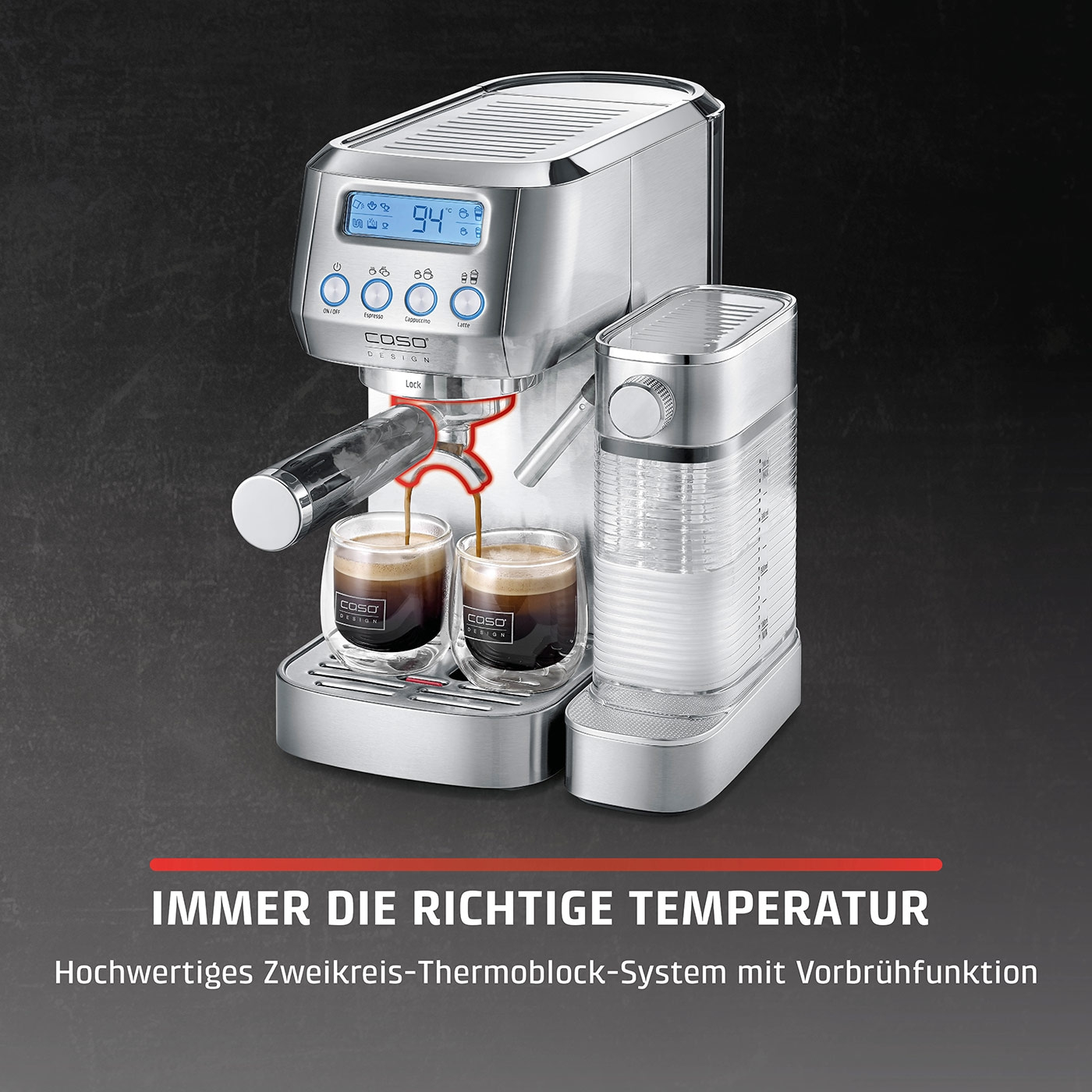Espressomaschine mit Temperaturanzeige und zwei Tassen Kaffee, COSO Design.
