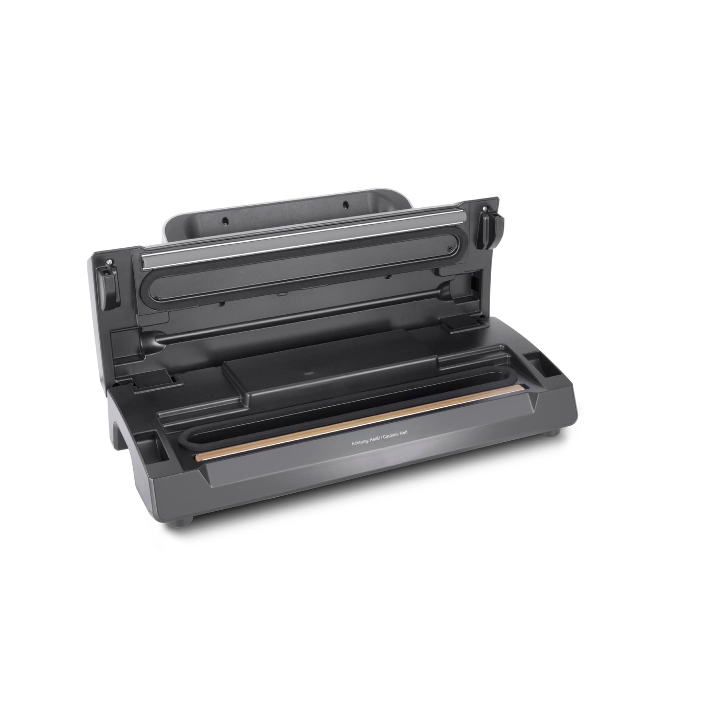 Vacuum sealer, open, with black casing and silver elements, isolated on a white background.