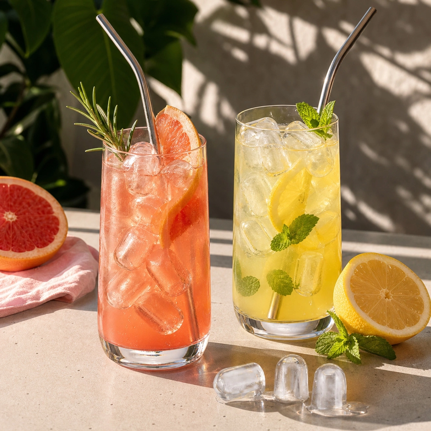 Zwei erfrischende Cocktails mit Grapefruit und Zitrone, garniert mit Kräutern und Eiswürfeln.