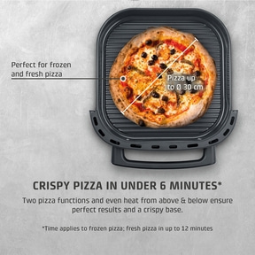 A pizza maker with a pizza and text in the background.