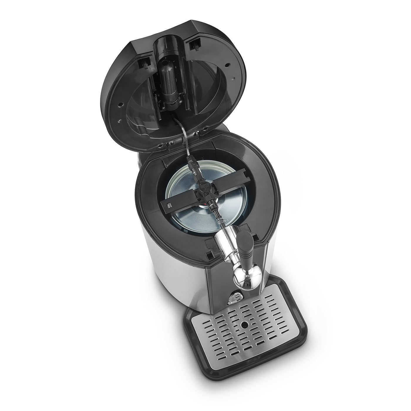 Beer cooler with open lid, tap, and drip tray, isolated on a white background.