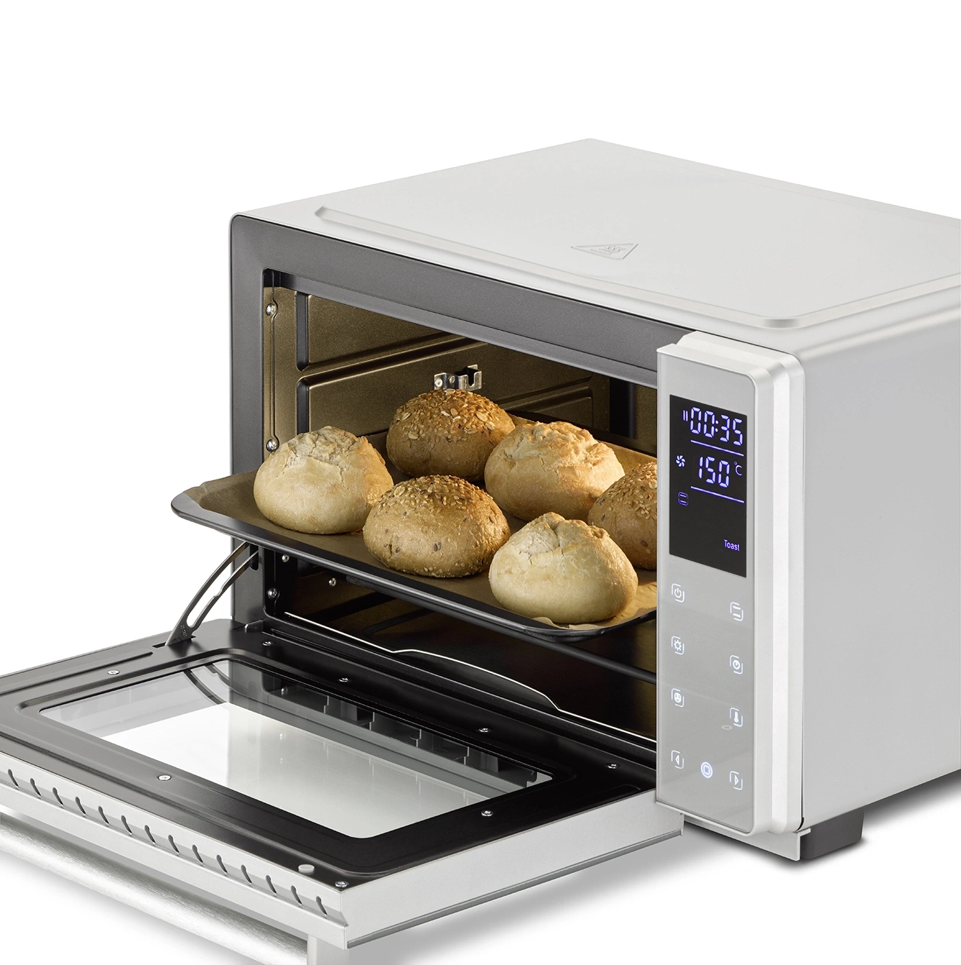 Ofen mit Brot, geöffnet, mit digitaler Anzeige, Backen, Kochen, Küche