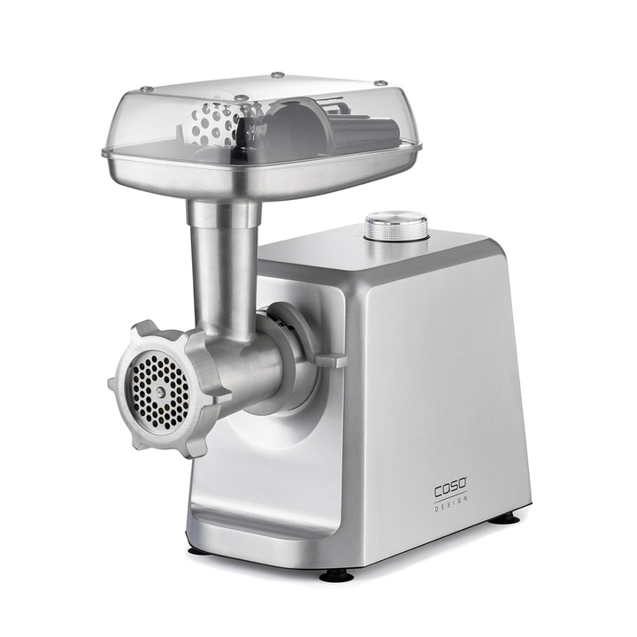 Silver meat grinder with transparent lid, COSO Design, kitchen appliance, electric