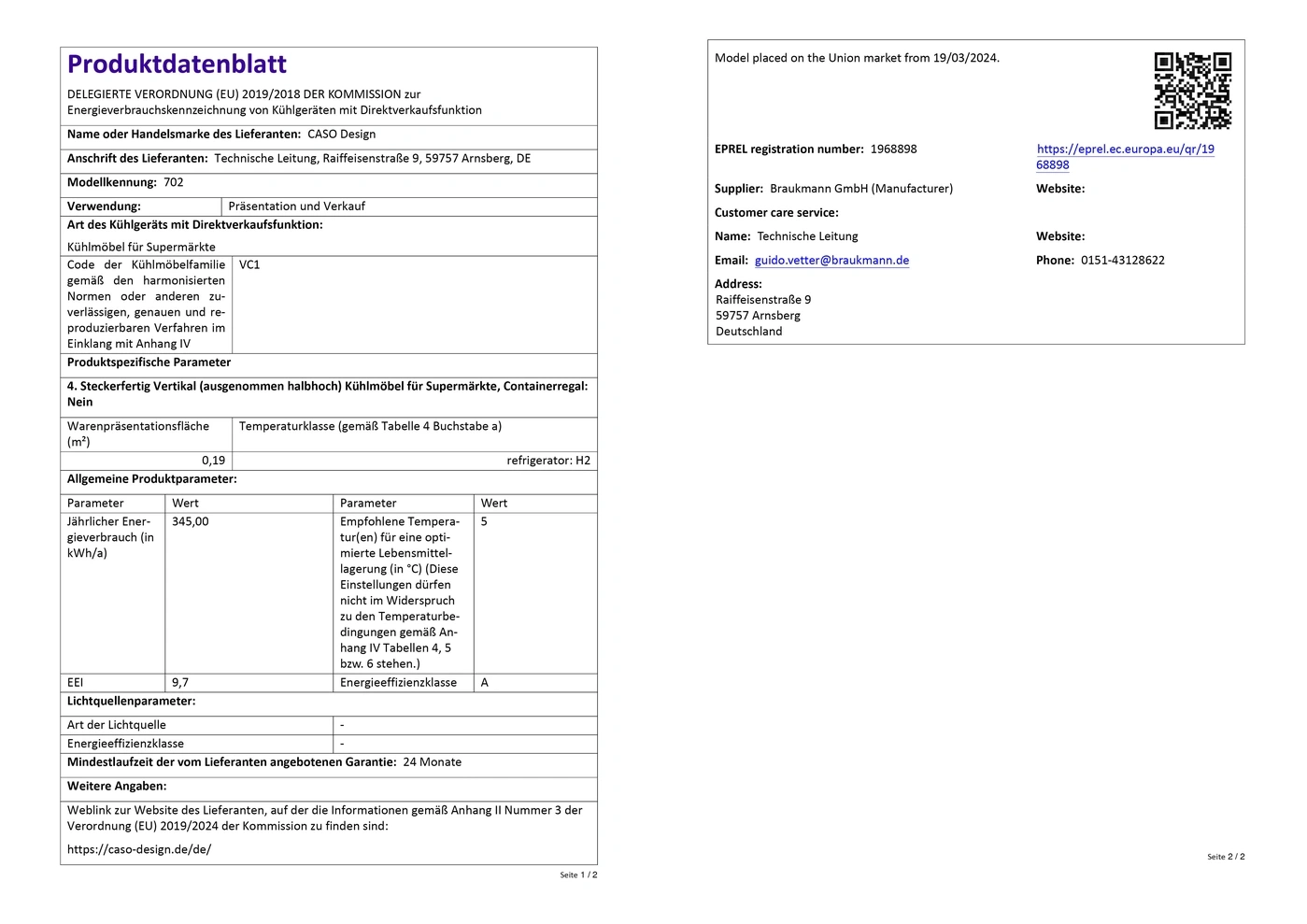 Produktdatenblatt mit Informationen zu Energieeffizienz und technischen Daten.