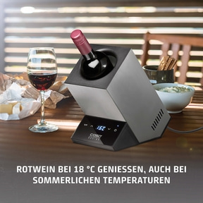 Wine cooler with red wine, glass, cheese, summer, temperature display, enjoyment, table, food, drink, design