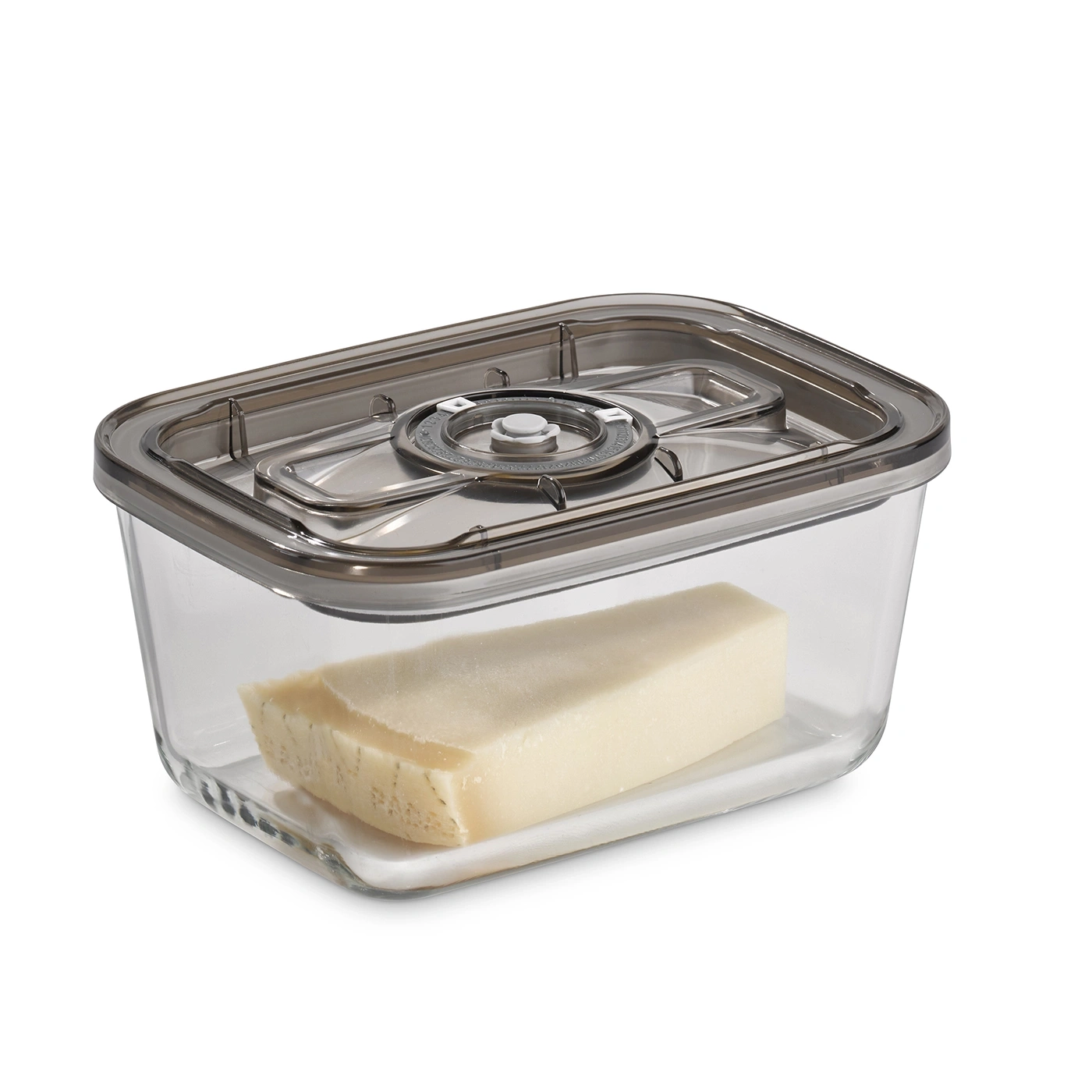Cheese in a clear container with lid, vacuum seal, food storage, kitchenware