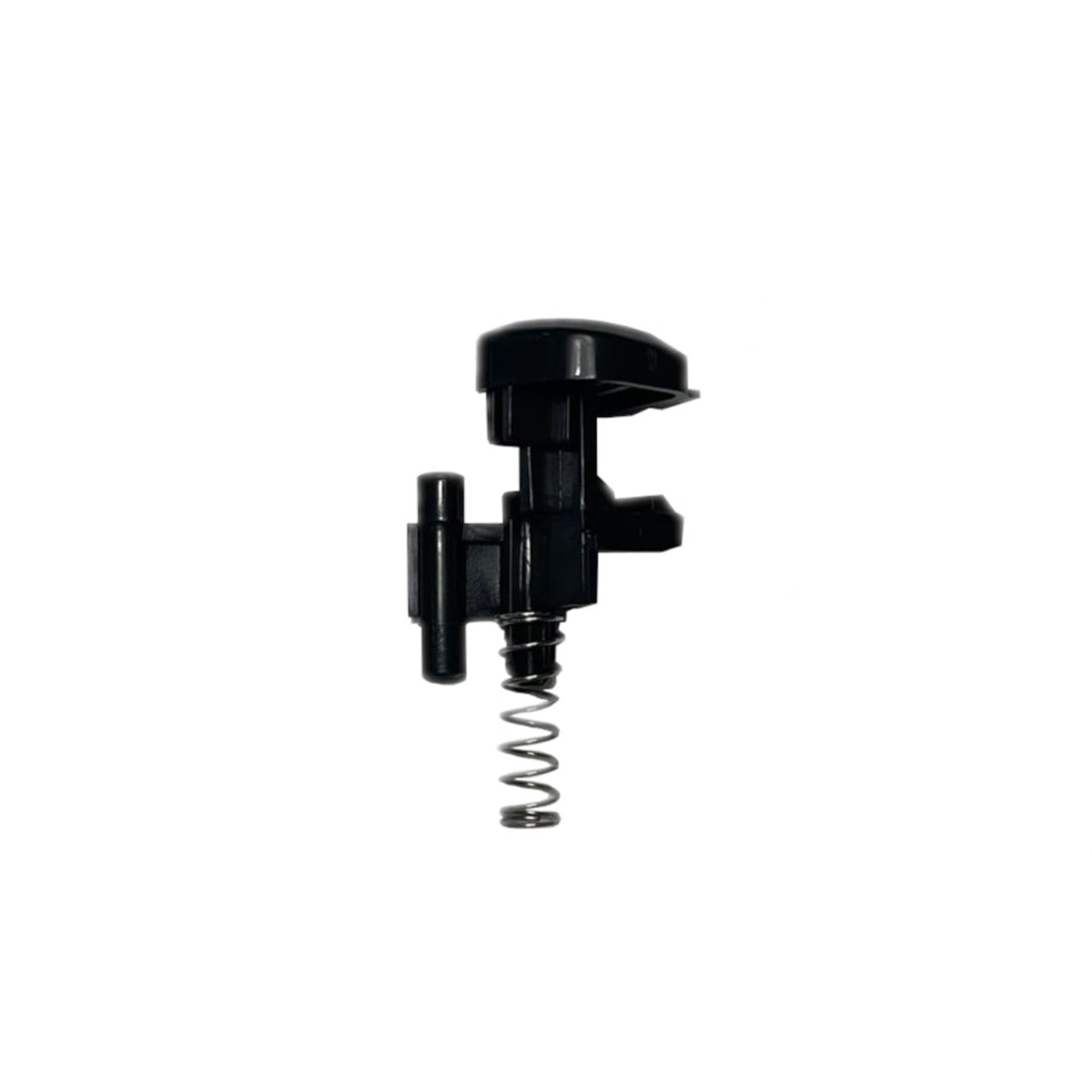 Black plastic part with spring, close-up shot, isolated on white background