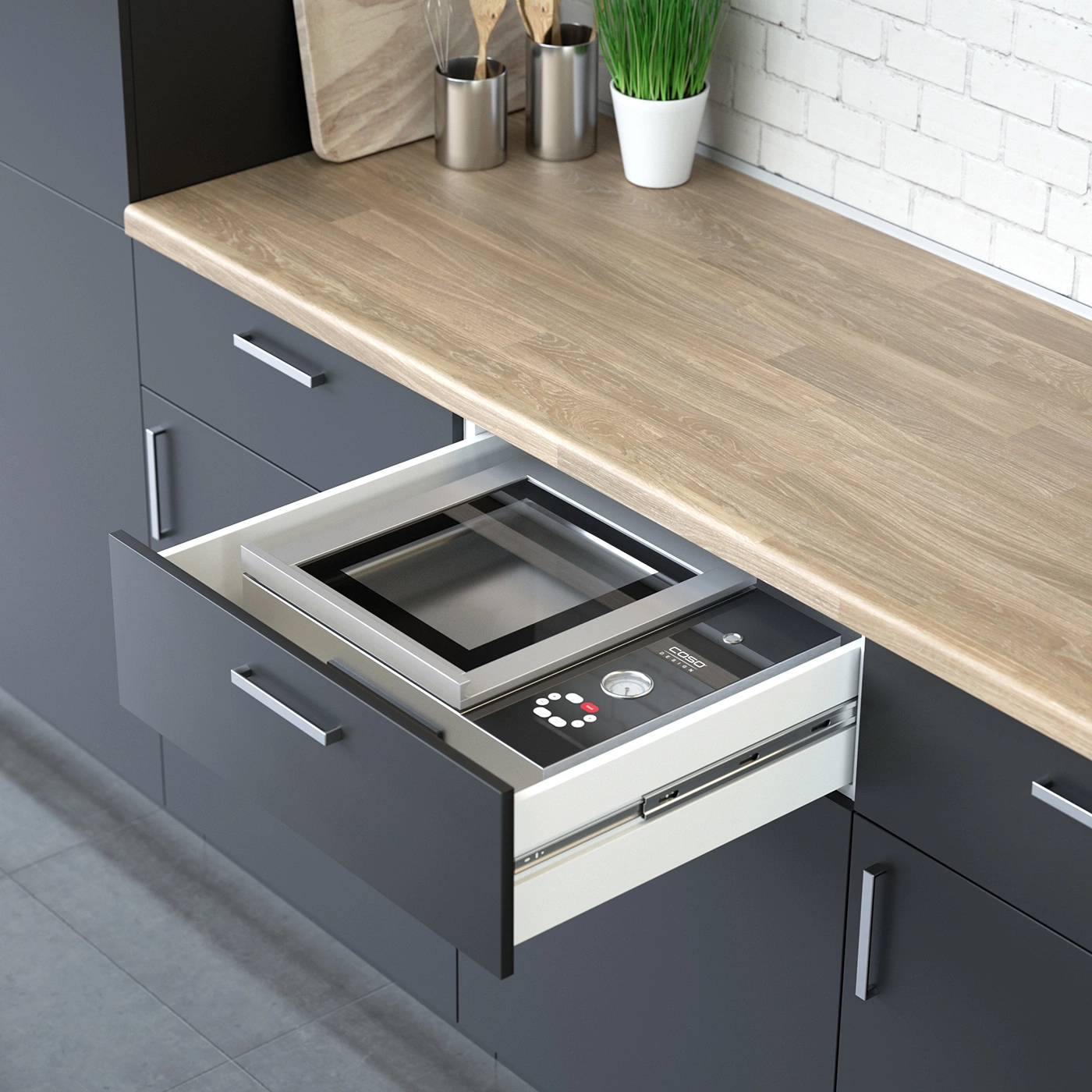 Kitchen with drawer, microwave, wooden top, cabinets, kitchen utensils, plants, brick wall