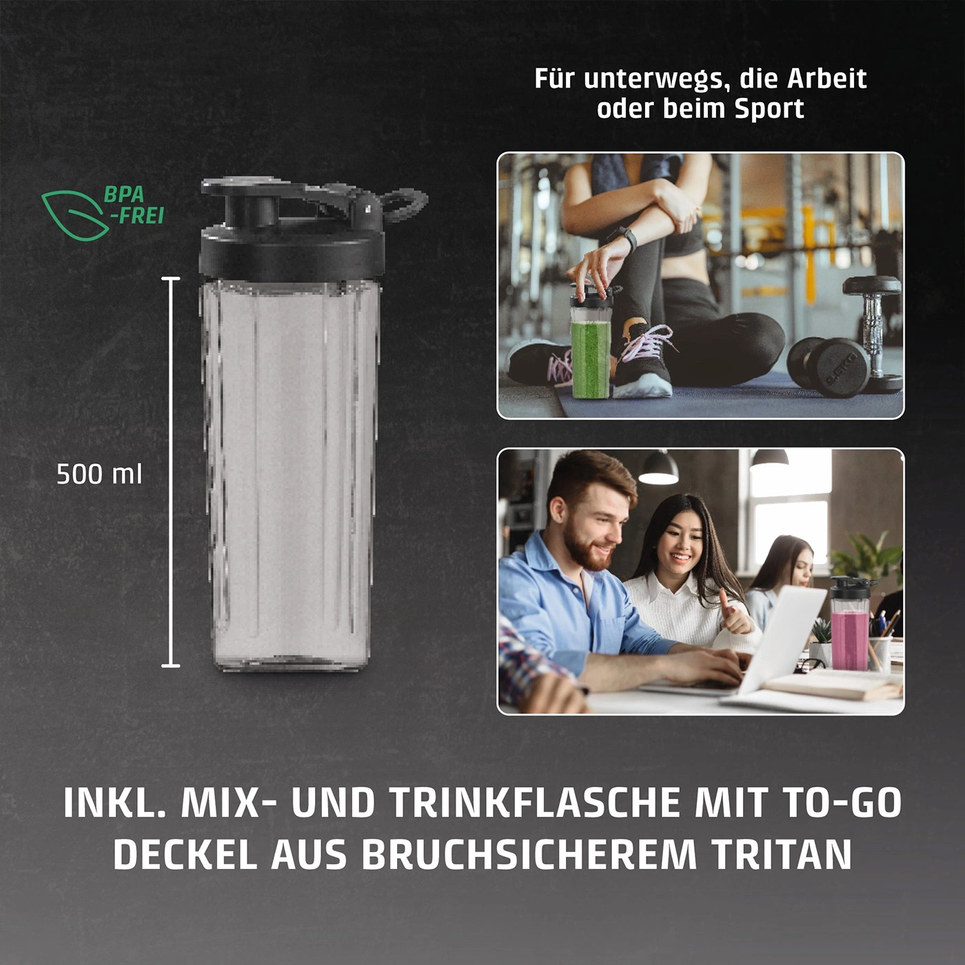 Eine BPA-freie Trinkflasche mit 500 ml Fassungsvermögen, ideal für unterwegs, die Arbeit oder beim Sport.