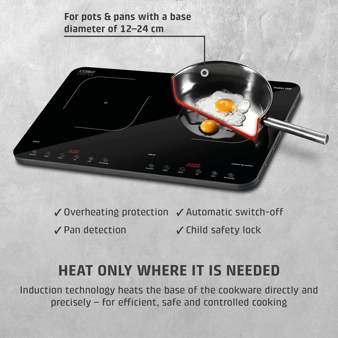 Induction cooktop with two cooking zones and eggs in a pan.
