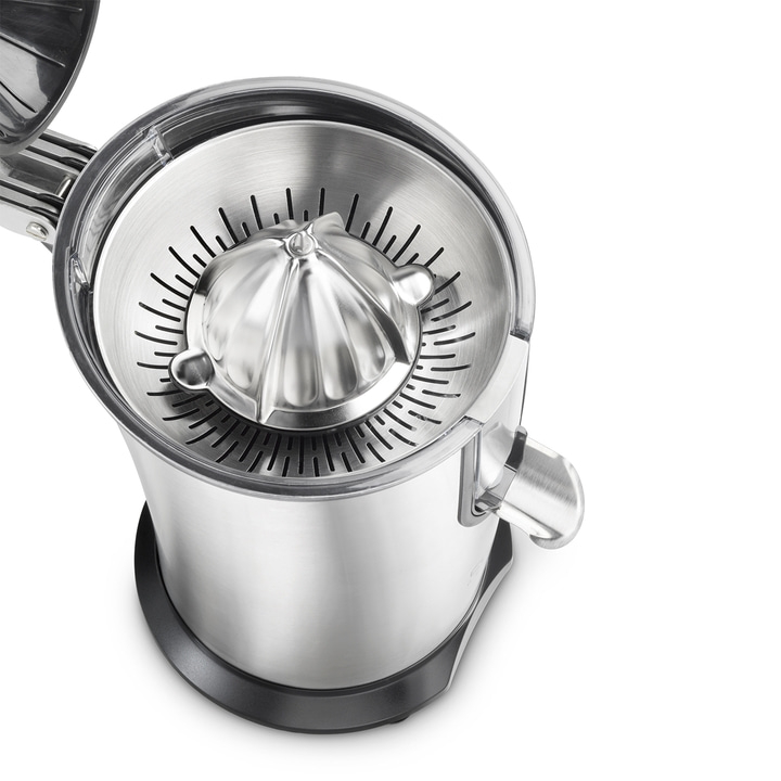 Close-up of a silver juicer with citrus press and transparent container