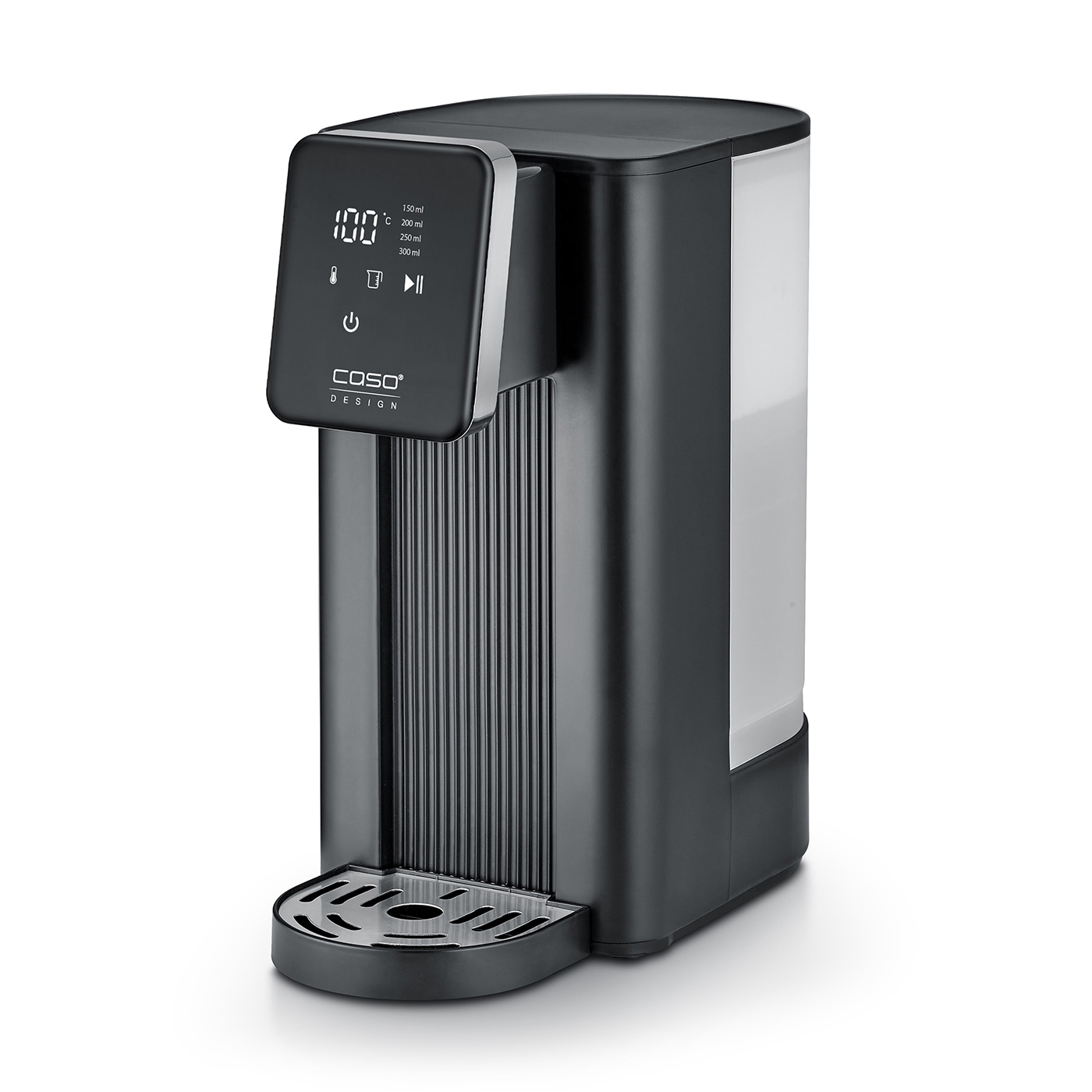 Black water boiler with digital display and dispensing function for hot drinks.