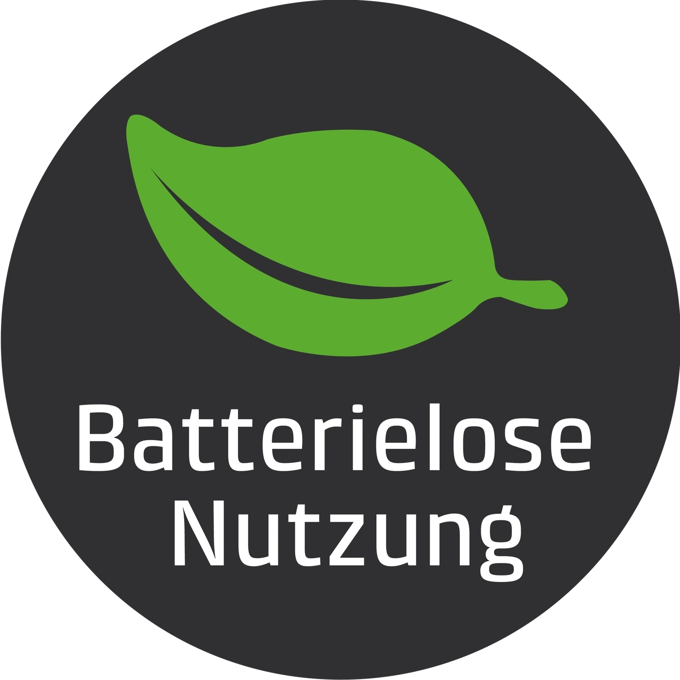 Batterielose Nutzung, grünes Blatt, schwarzer Hintergrund, weißer Text, Umweltfreundlich
