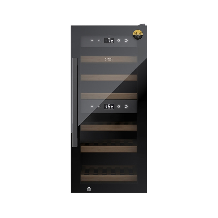 Weinkühlschrank mit Temperaturanzeige und Holzregalen, schwarz