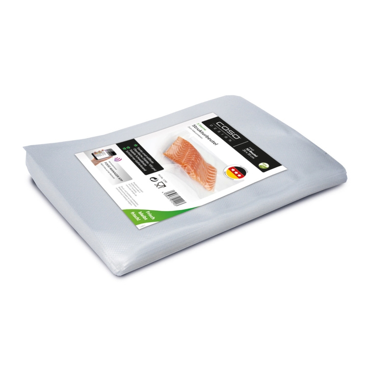Packaging with fish, text, logo, 50 bags, 20x30cm, fresh, structure bag, vacuuming