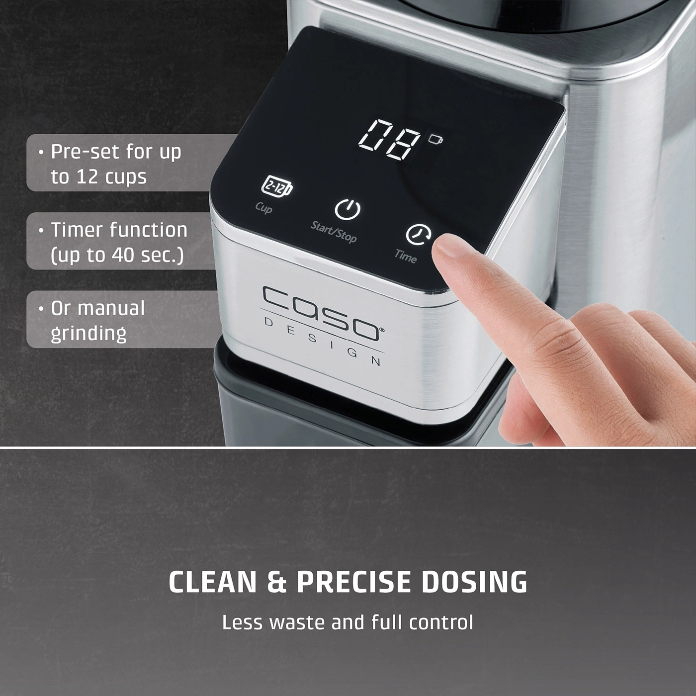 Coffee grinder with timer function and adjustable cup quantity.