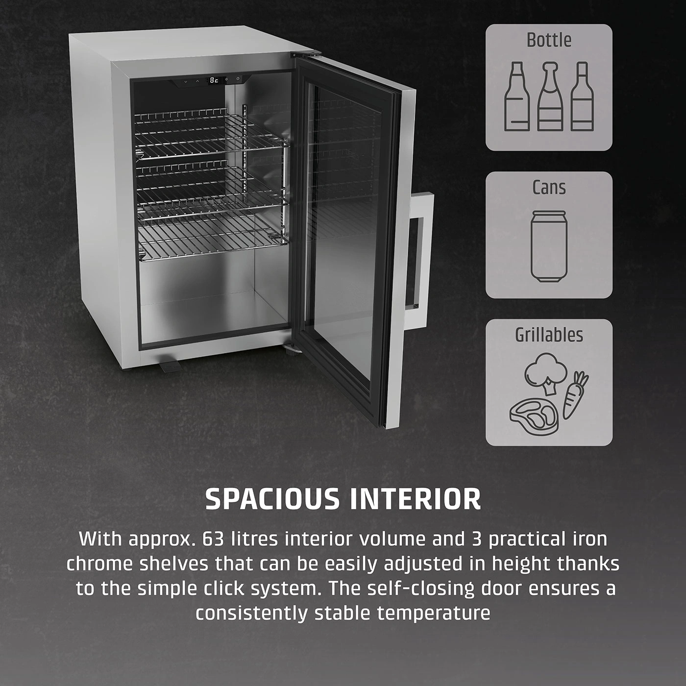 Refrigerator with open door, bottles, cans, grilled food, spacious interior, 63 liters volume.