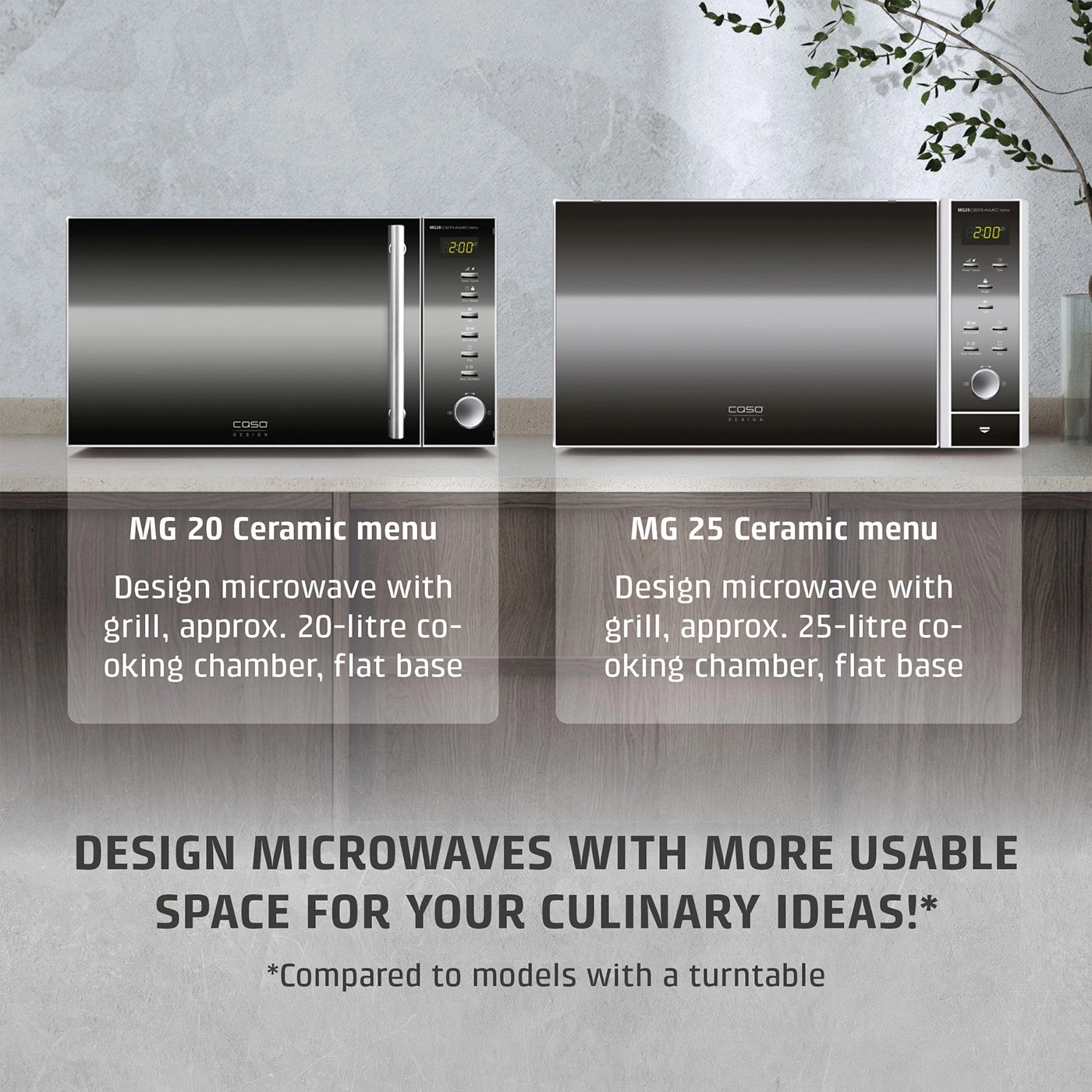Two Caso Design microwaves, MG 20 and MG 25 Ceramic menu, on a countertop.