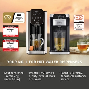 Two Caso hot water dispensers with awards and tea preparation.