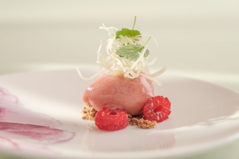 Dessert mit Himbeeren, Eiscreme und Dekoration auf einem Teller