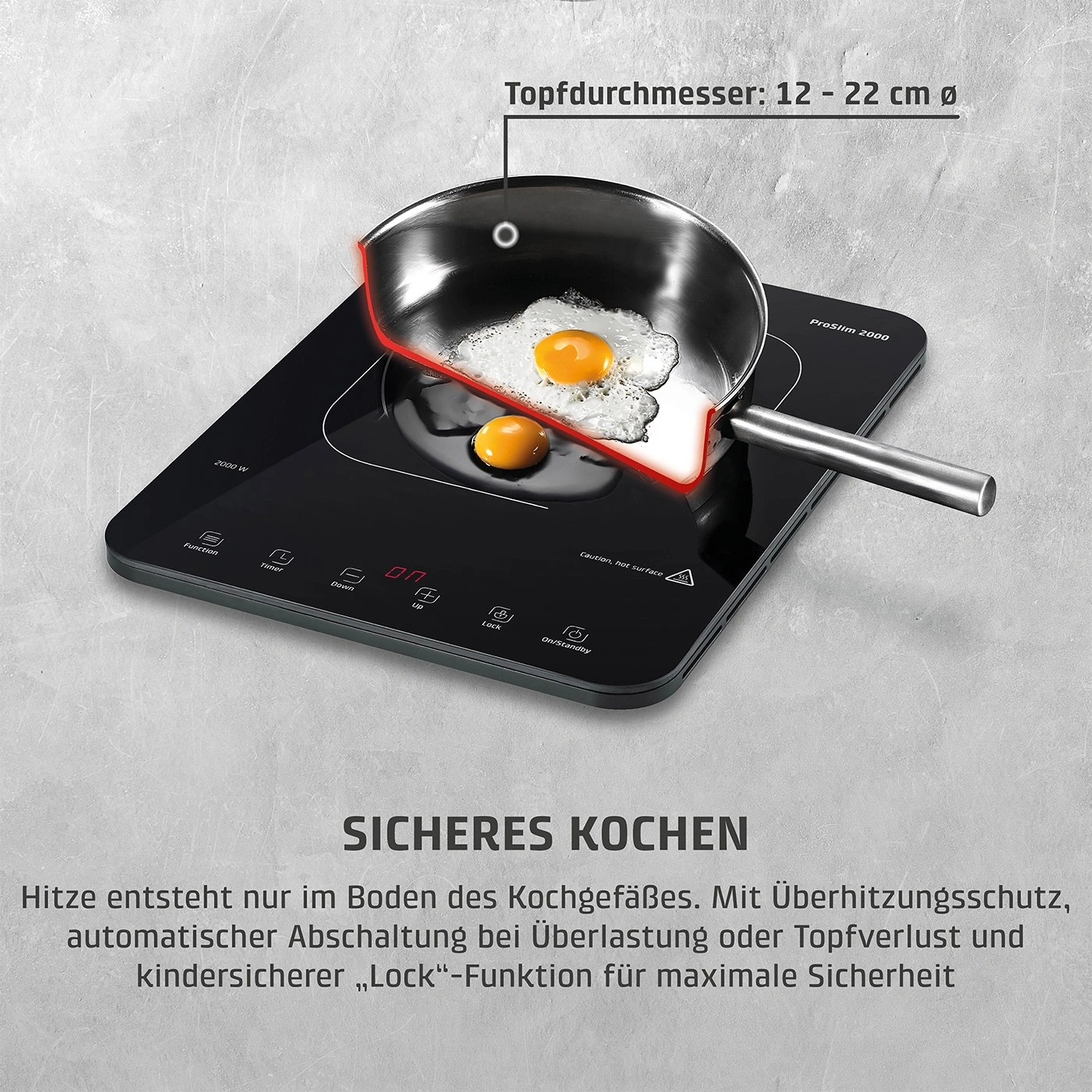 Induktionskochfeld mit Spiegelei, Topfdurchmesser 12-22cm, sicheres Kochen, Lock-Funktion