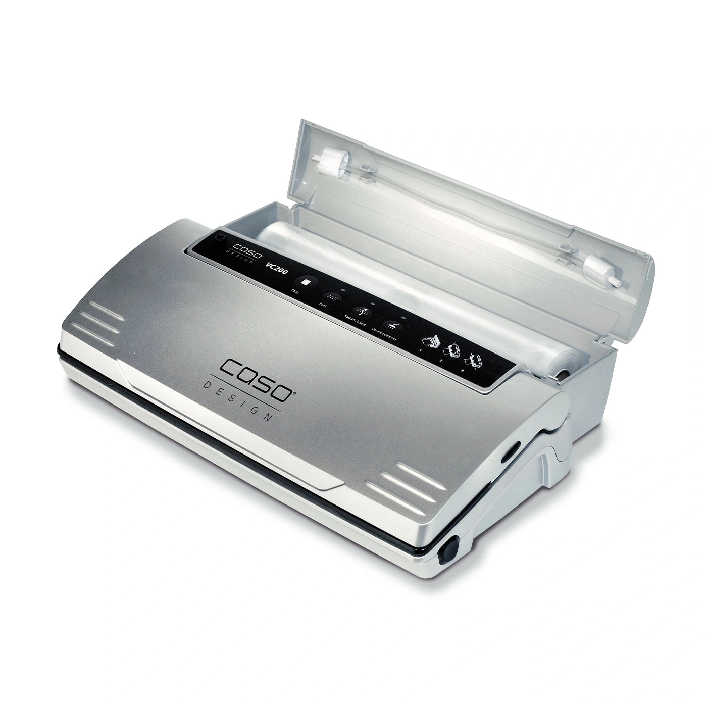 Silver vacuum sealer with open lid and control panel, Caso Design VC200.