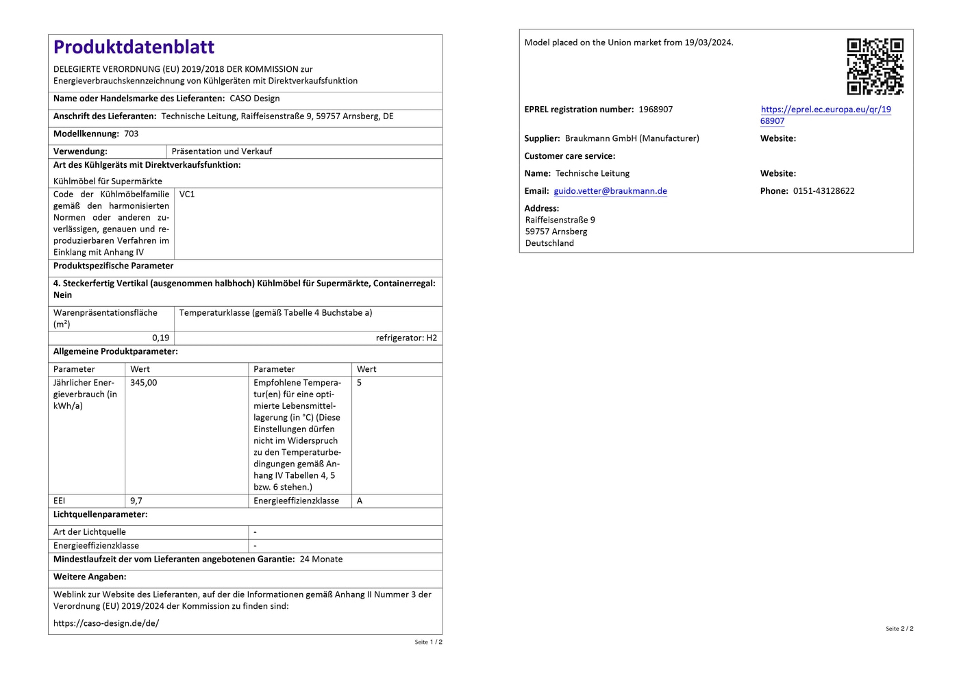 Produktdatenblatt mit Informationen zu Energieeffizienz, Modellkennung und Lieferantenangaben.