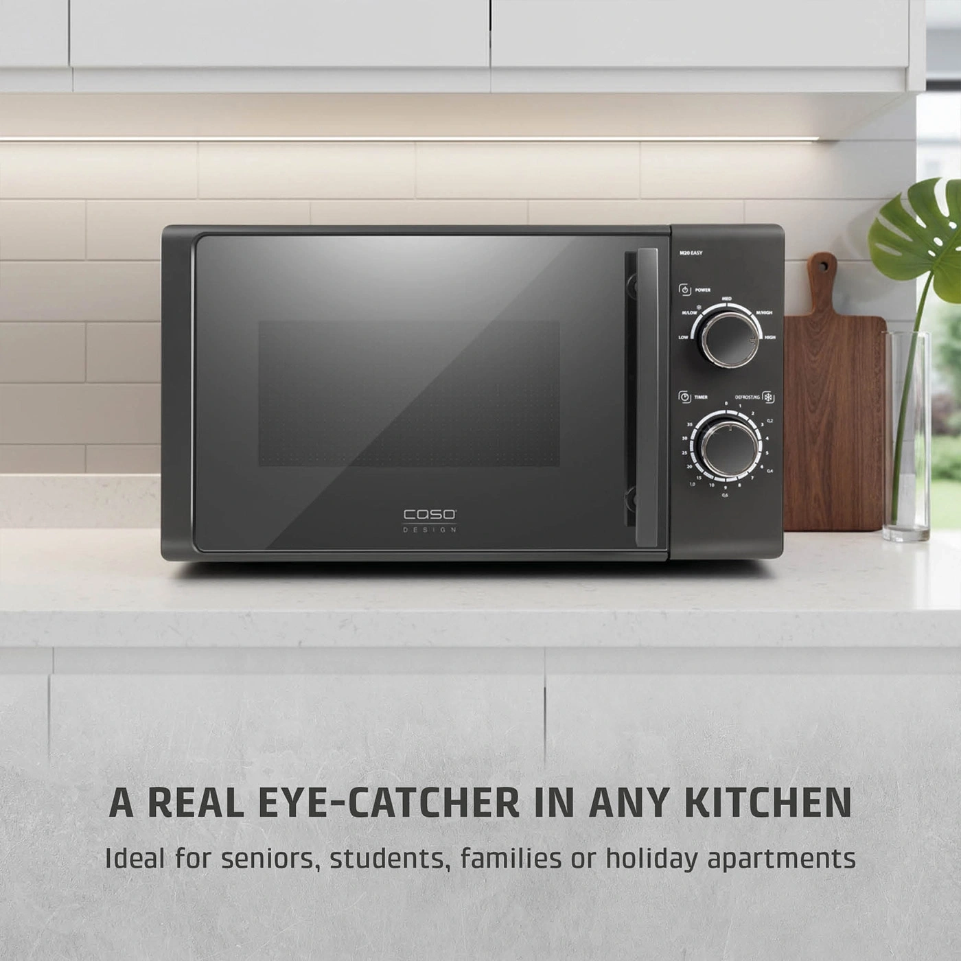 A black microwave with controls and text in the foreground.