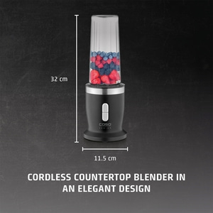 Cordless stand mixer, 32 cm high, 11.5 cm wide, filled with berries, elegant design