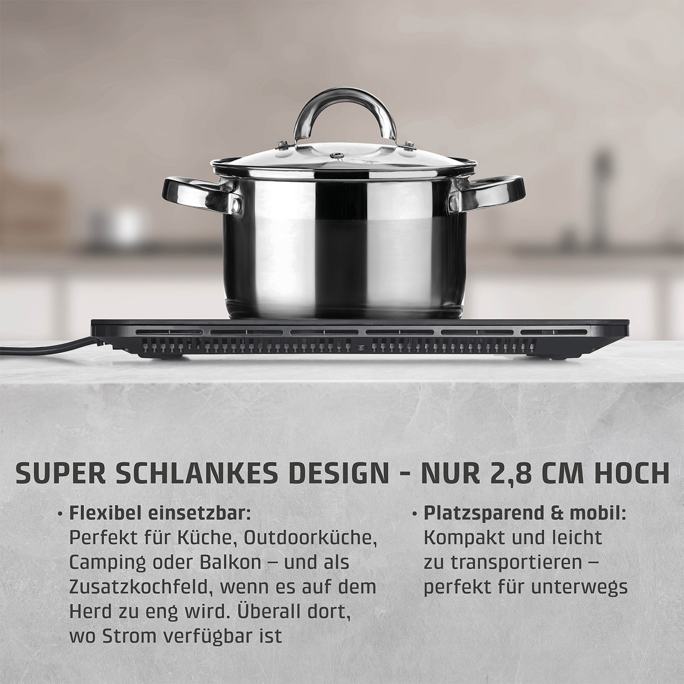 Kochfeld mit Topf, flexibel, platzsparend, mobil, 2,8 cm hoch, Küche, Outdoor, Camping, Balkon